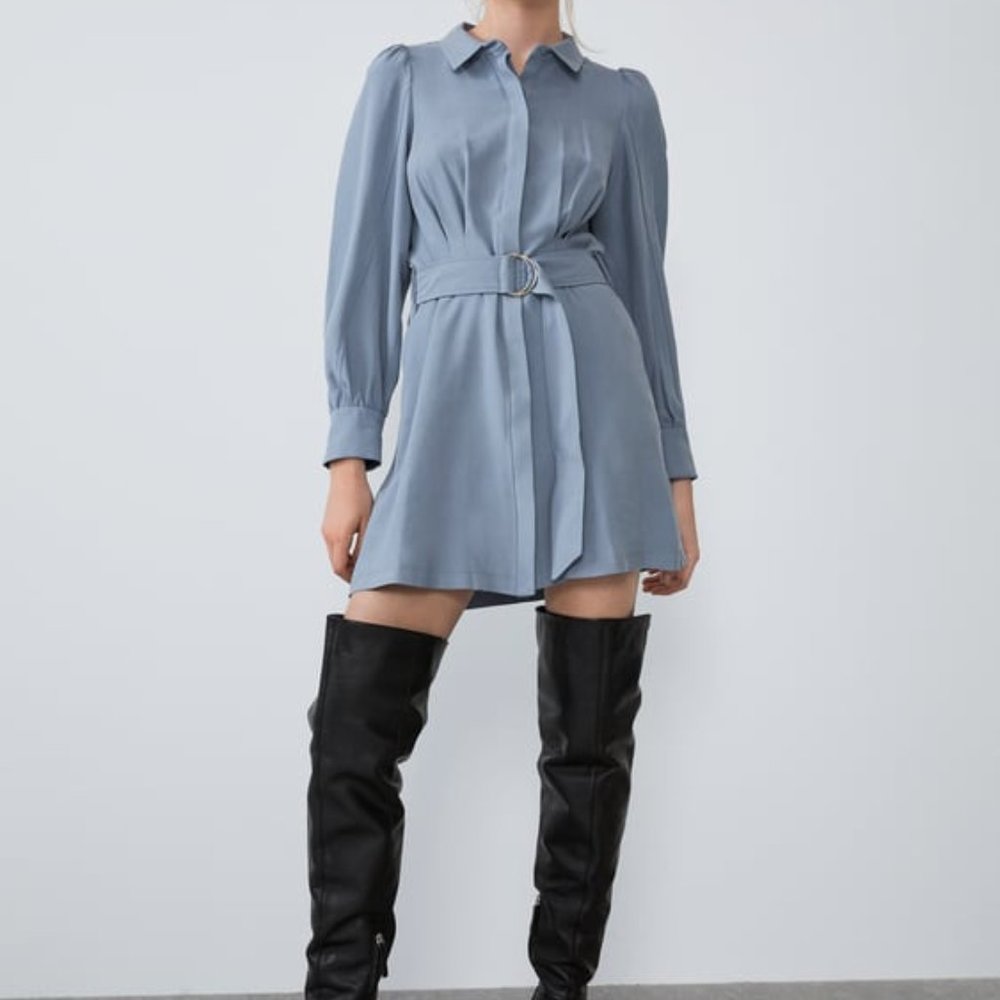 NWT NEW ZARA Blue Indigo SHIRT DRESS WITH BELT Pleats PUFF SLEEVE SIZE M